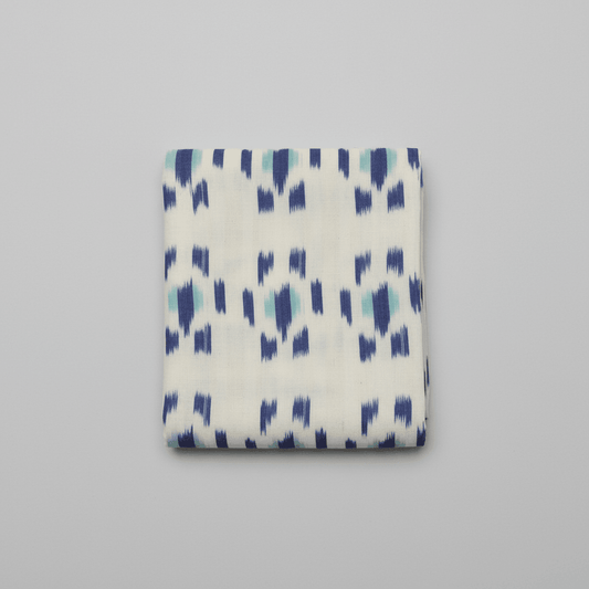 White Base Blue Circle Design on Fine Quality Cotton Handloom Ikat | SKU: IK-549