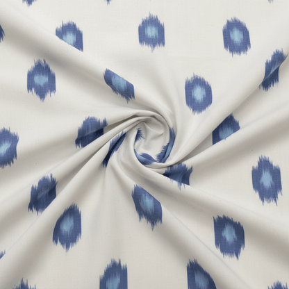 White Blue Cotton Handloom Ikat Fabric for Dress Material | Width: 44"