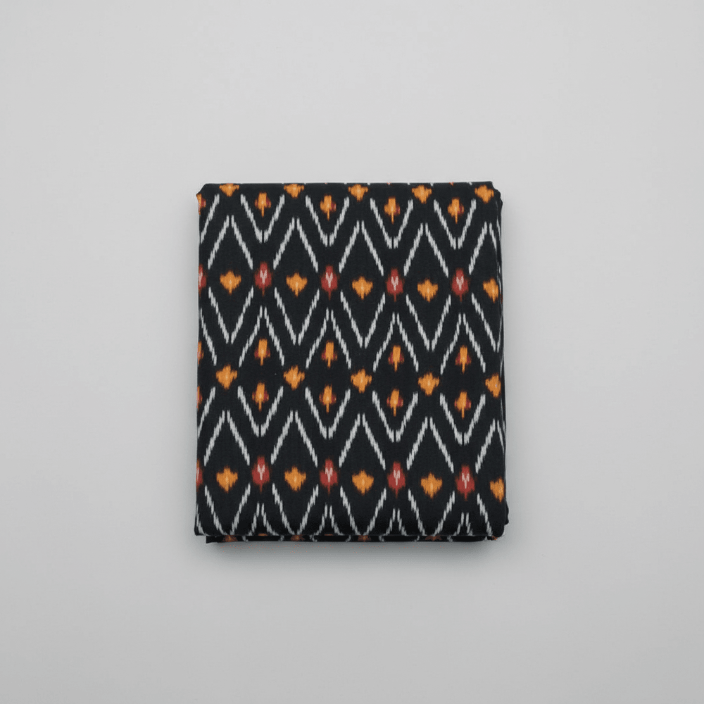 Balck, Yellow & Red Chevron Cotton Handloom Ikat Fabric for Dresses | Width: 44"