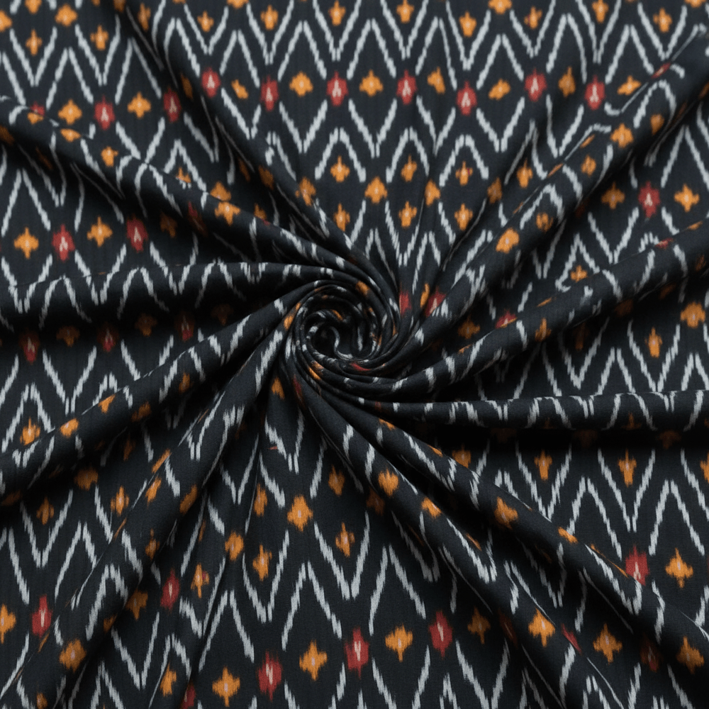 Balck, Yellow & Red Chevron Cotton Handloom Ikat Fabric for Dresses | Width: 44"