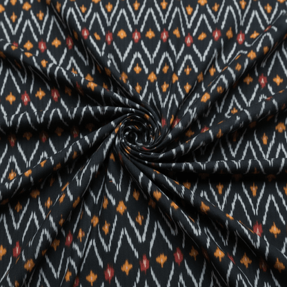 Balck, Yellow & Red Chevron Cotton Handloom Ikat Fabric for Dresses | Width: 44"
