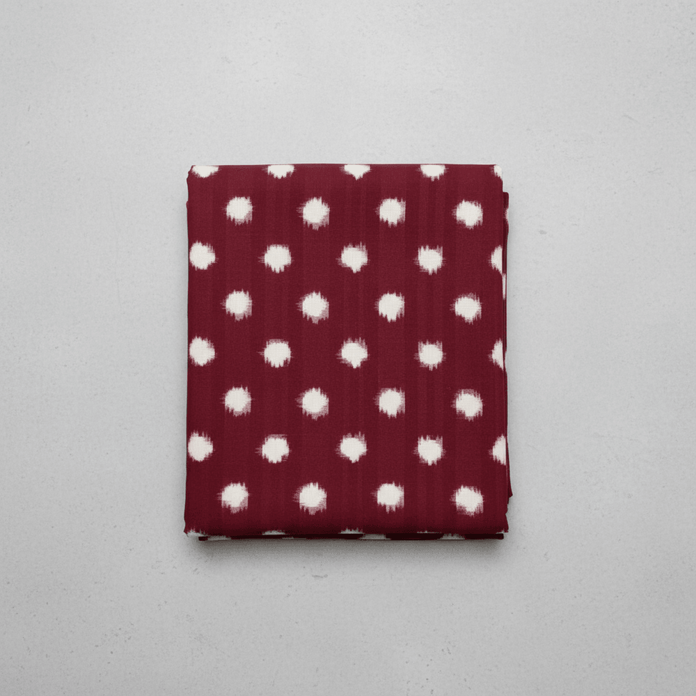 Maroon, White Dot Handloom Fine Quality Cotton Double Ikat Fabric for Dresses | Width: 44"