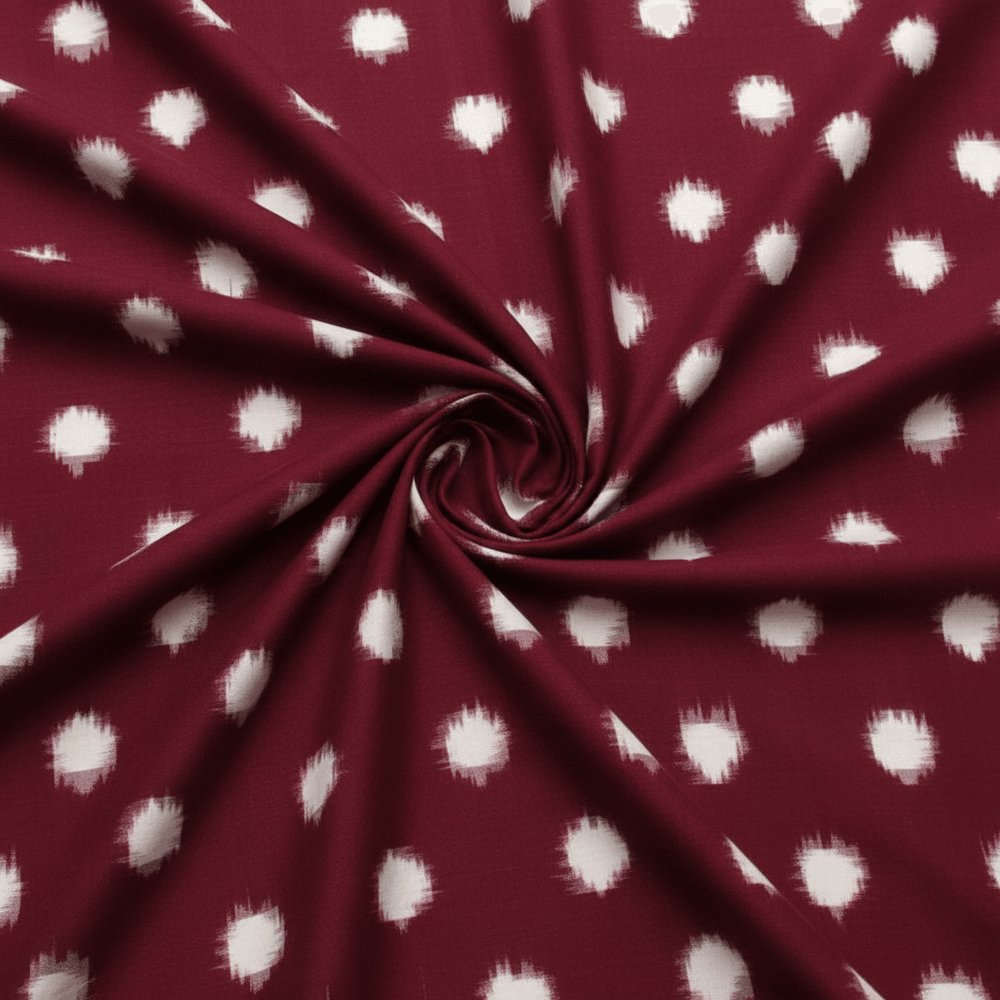 Maroon, White Dot Handloom Fine Quality Cotton Double Ikat Fabric for Dresses | Width: 44"