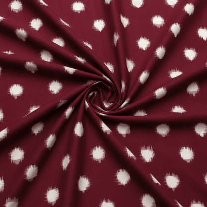 Maroon, White Dot Handloom Fine Quality Cotton Double Ikat Fabric for Dresses | Width: 44"
