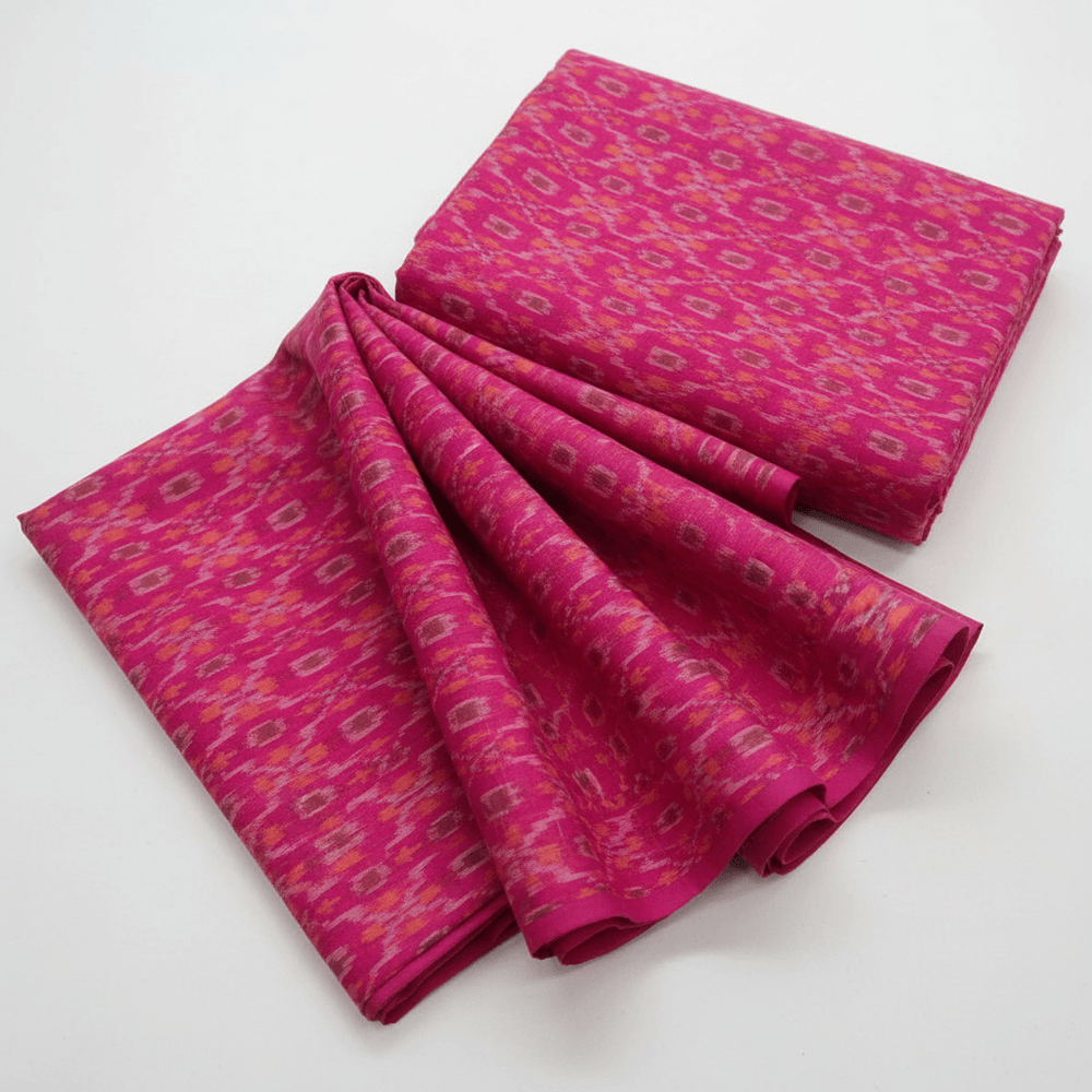 Pink base Multicolor Handloom Cotton Silk Ikat Fabric for Dress Material | Width: 44"