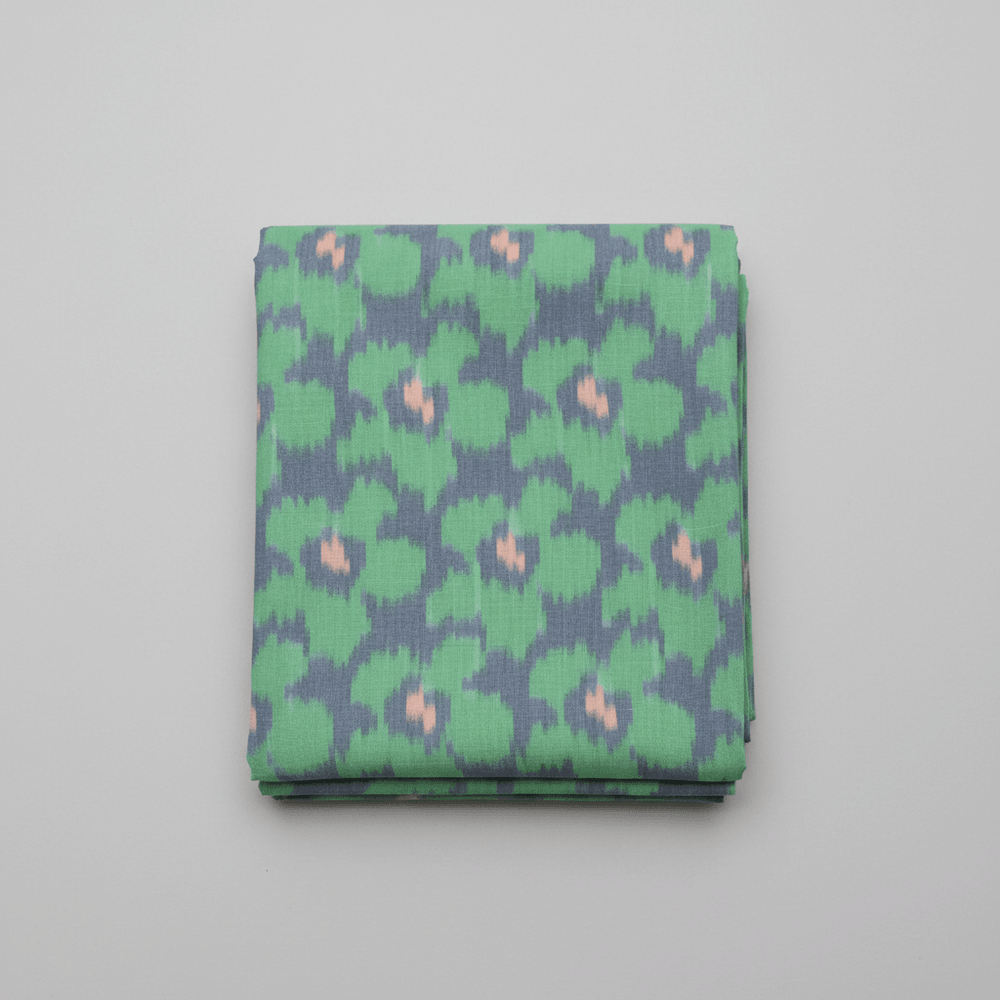 Green & Blue Floral Cotton Woven Handloom Ikat Fabric for Dress Material | Width: 44"