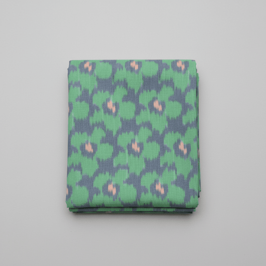 Green & Blue Floral Cotton Woven Handloom Ikat Fabric for Dress Material | Width: 44"