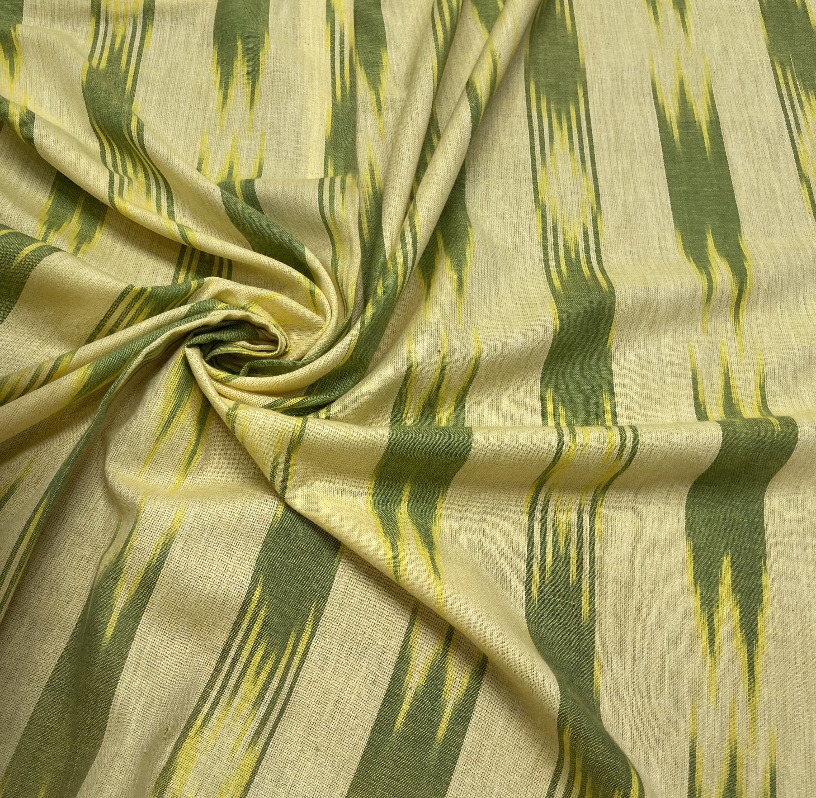 Cream And Green Cotton Handloom Ikat (Sku: IK-63)