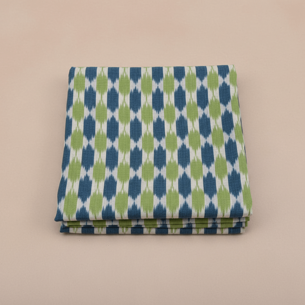 Green & Blue Design Fine Quality Cotton Handloom Ikat Fabric for Dress Material | Width: 44"