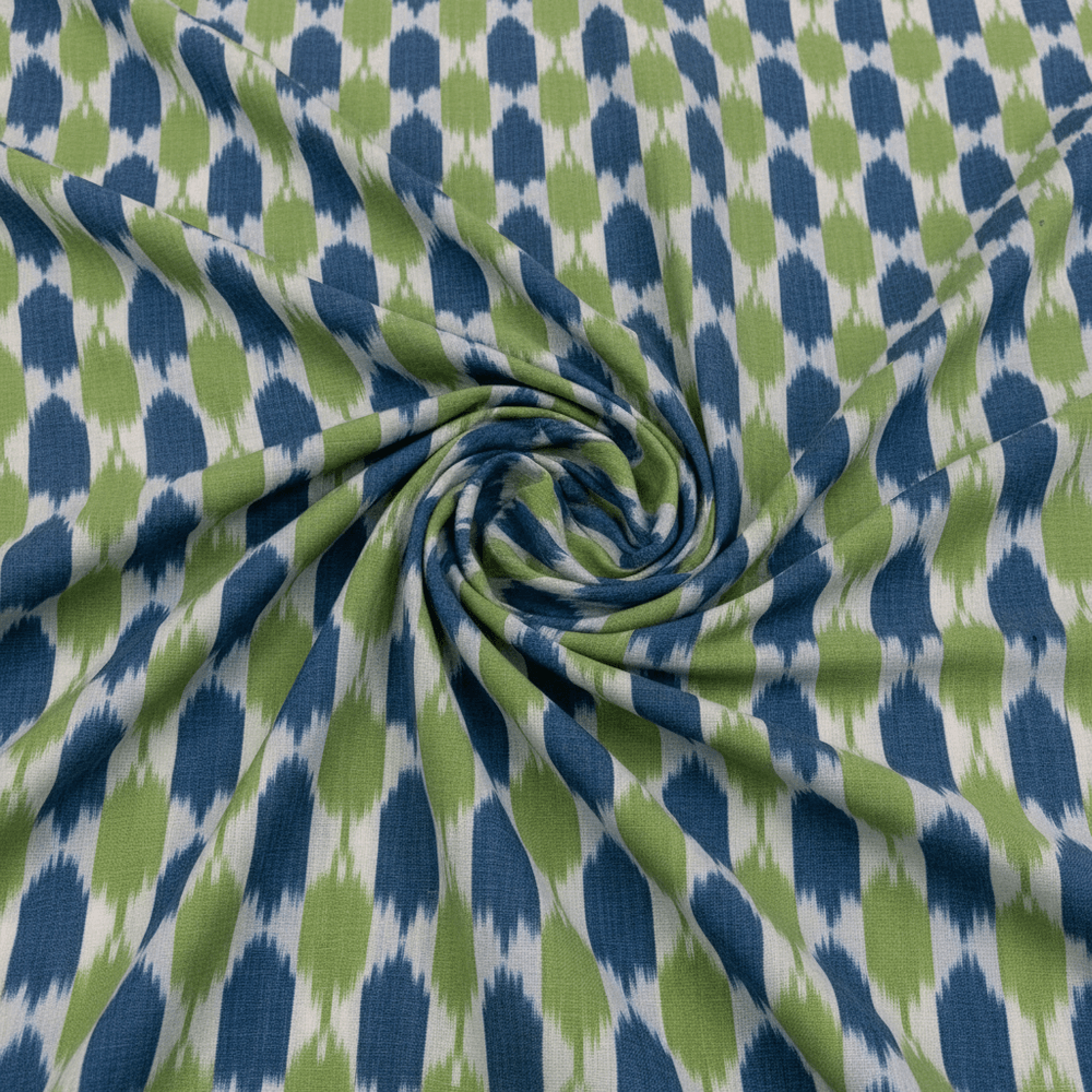 Green & Blue Design Fine Quality Cotton Handloom Ikat Fabric for Dress Material | Width: 44"