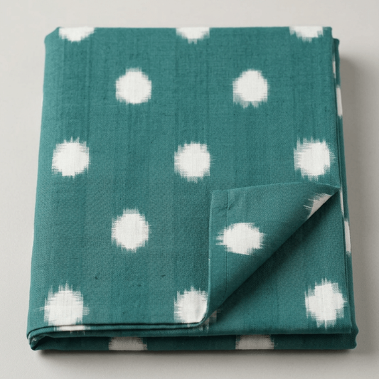 Green & White Dot Design Handwoven Cotton Double Ikat Fabric for Dresses | Width: 44"