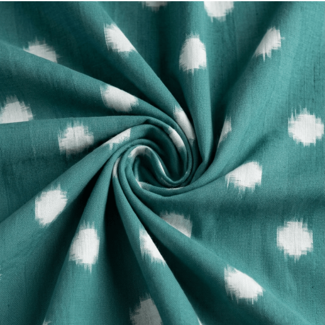 Green & White Dot Design Handwoven Cotton Double Ikat Fabric for Dresses | Width: 44"