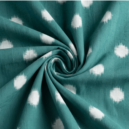 Green & White Dot Design Handwoven Cotton Double Ikat Fabric for Dresses | Width: 44"