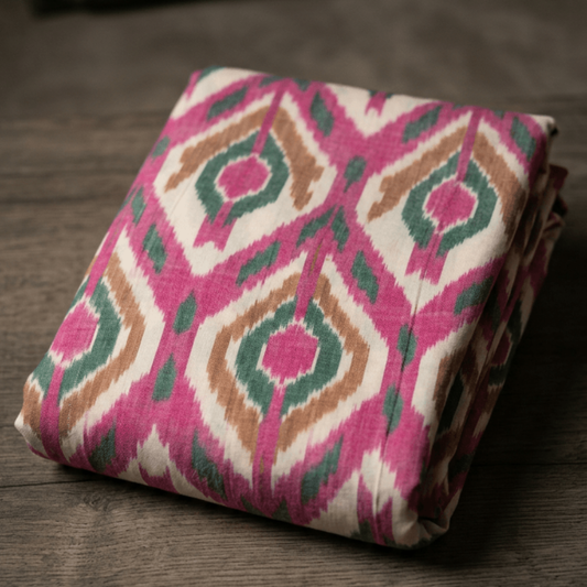 White & Pink Big Pattern Fine Quality Cotton Handloom Ikat Fabric for Dresses | Width : 44"