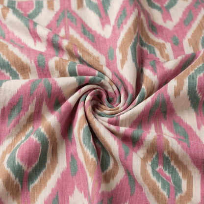 White & Pink Big Pattern Fine Quality Cotton Handloom Ikat Fabric for Dresses | Width : 44"