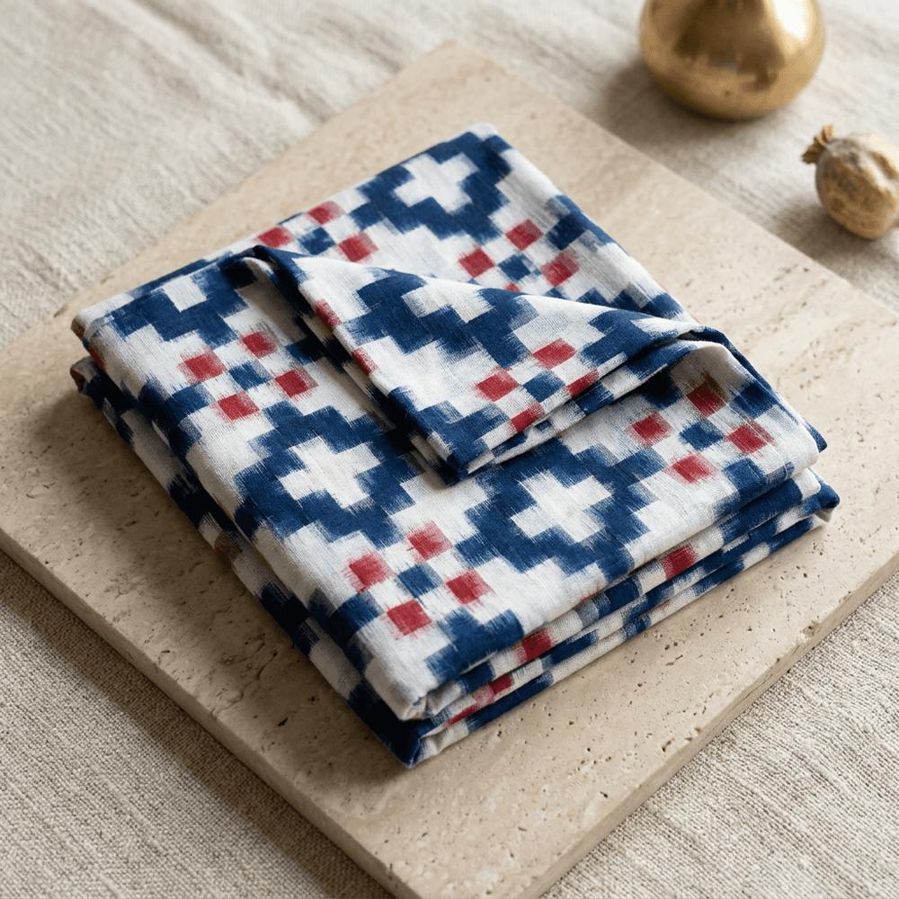 Blue & White, Red Telia Rumal Fine Cotton Handwoven Ikat Fabric for Dresses | Width : 44"