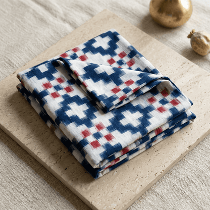 Blue & White, Red Telia Rumal Fine Cotton Handwoven Ikat Fabric for Dresses | Width : 44"