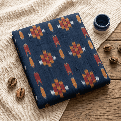 Blue, Red & White Cotton Handloom Ikat Fabric - 44" (112 cm)