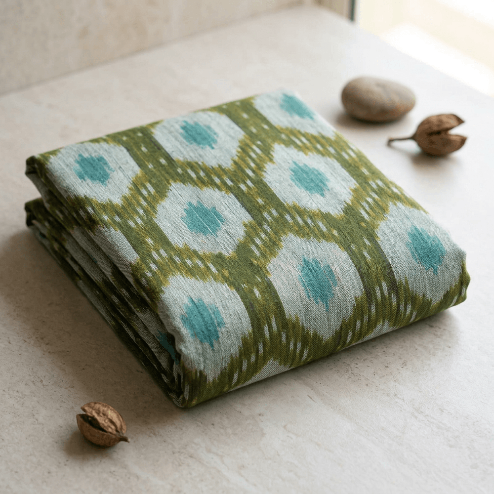 Green, Blue & White Cotton Handloom Ikat Fabric - 44" (112 cm)