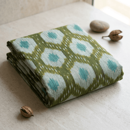 Green, Blue & White Cotton Handloom Ikat Fabric - 44" (112 cm)