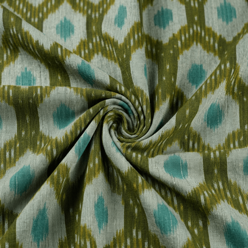 Green, Blue & White Cotton Handloom Ikat Fabric - 44" (112 cm)