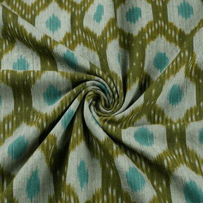Green, Blue & White Cotton Handloom Ikat Fabric - 44" (112 cm)