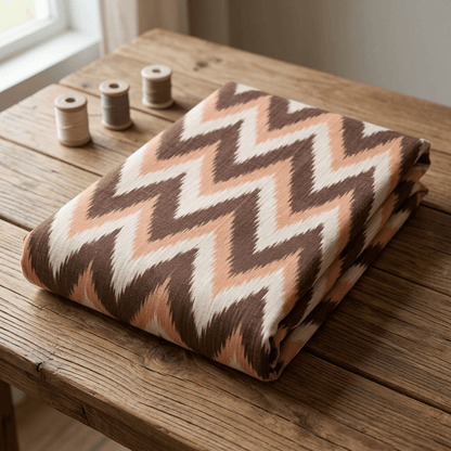Brown, Beige & White Cotton Handloom Ikat Fabric - 44" (112 cm)