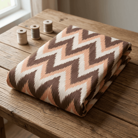 Brown, Beige & White Cotton Handloom Ikat Fabric - 44" (112 cm)