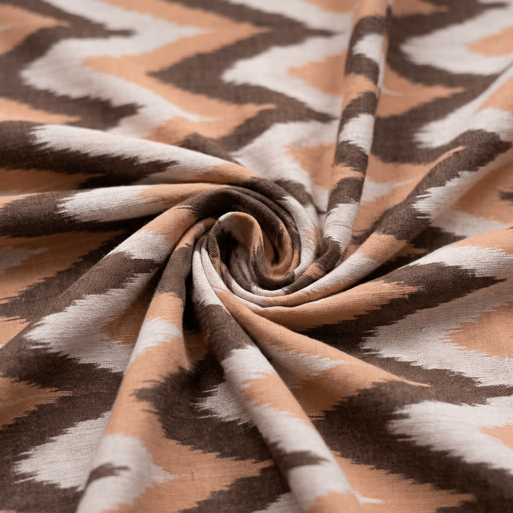 Brown, Beige & White Cotton Handloom Ikat Fabric - 44" (112 cm)