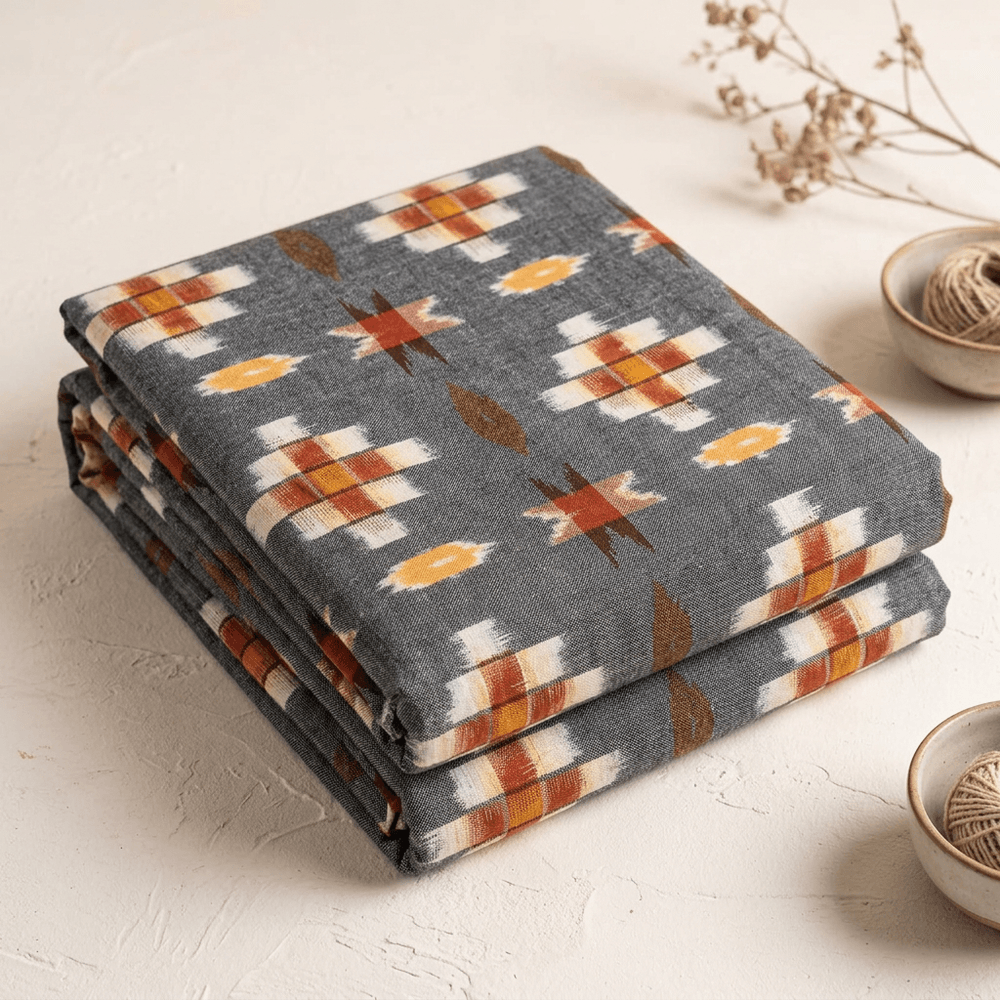 Grey Base With Rust & Yellow Geometric Design Cotton Handloom Thick Ikat | Width: 44"