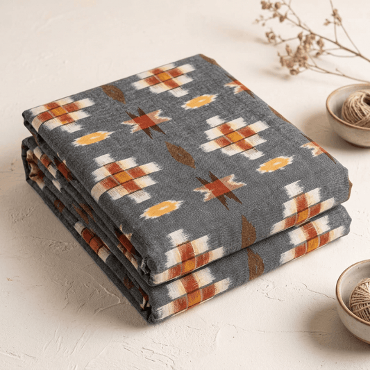 Red, Yellow, Grey & White Geometric Cotton Handloom Ikat Fabric - 44" (112 cm)