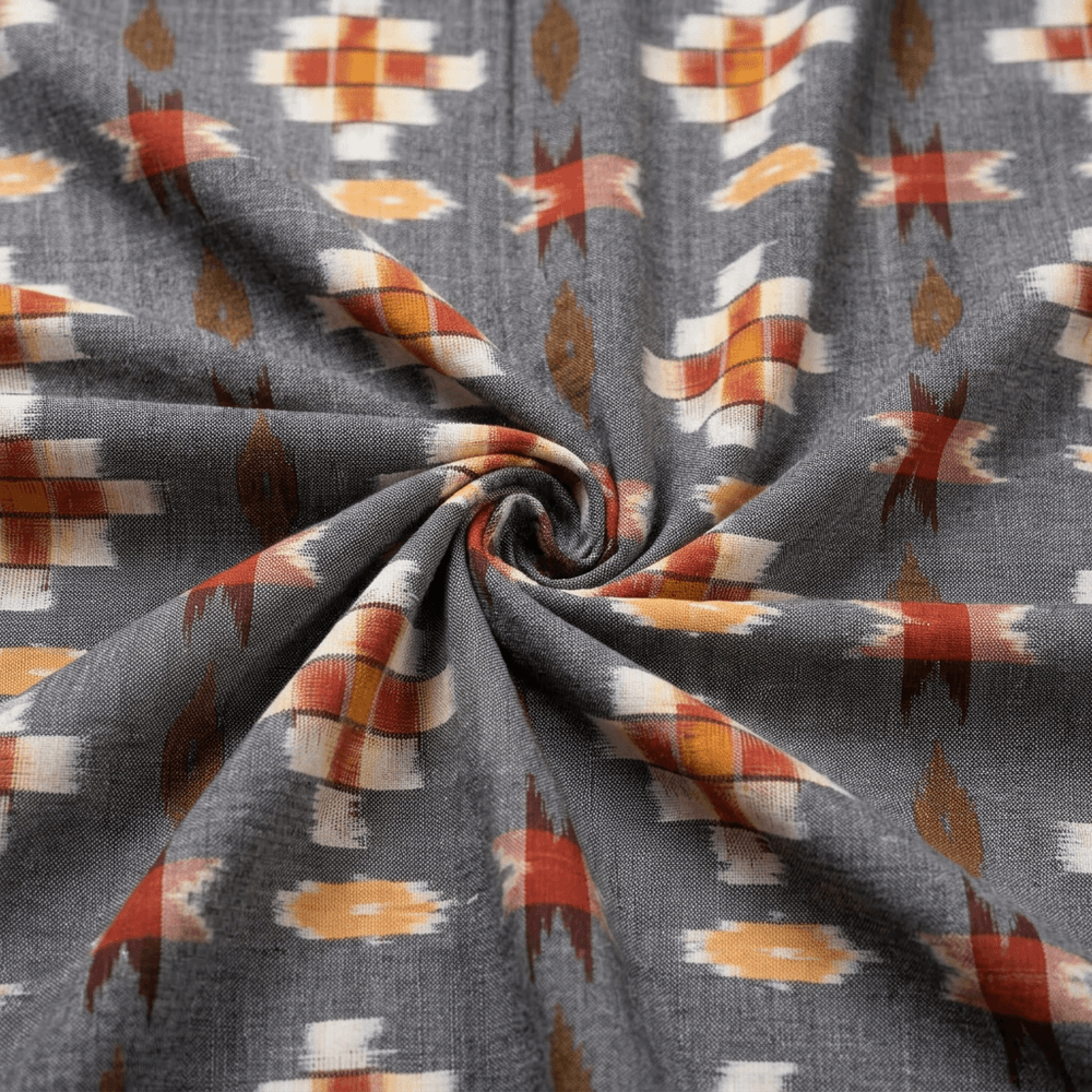Grey Base With Rust & Yellow Geometric Design Cotton Handloom Thick Ikat | Width: 44"