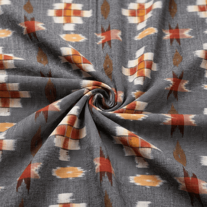 Grey Base With Rust & Yellow Geometric Design Cotton Handloom Thick Ikat | Width: 44"