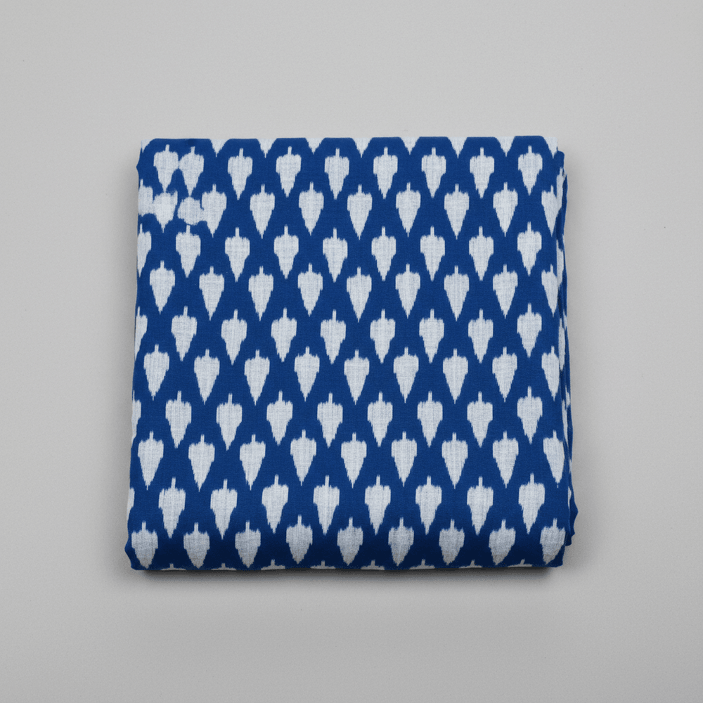 Blue Leaf Design Cotton Handloom Ikat Fabric for Dress Material | Width: 44"
