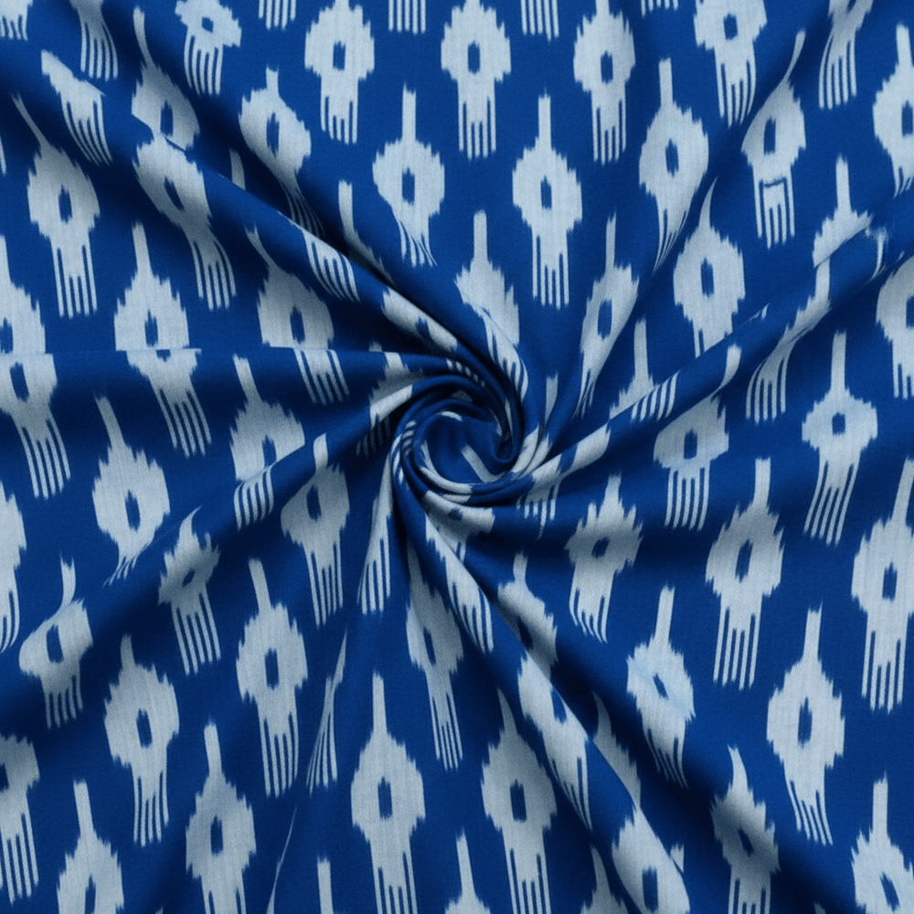 Blue, Grey Cotton Handloom Ikat Fabric for Dress Material | Width: 44"