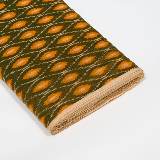 Green, Mustard & White Mercerised Cotton Handloom Ikat Fabric - 44" (112 cm)