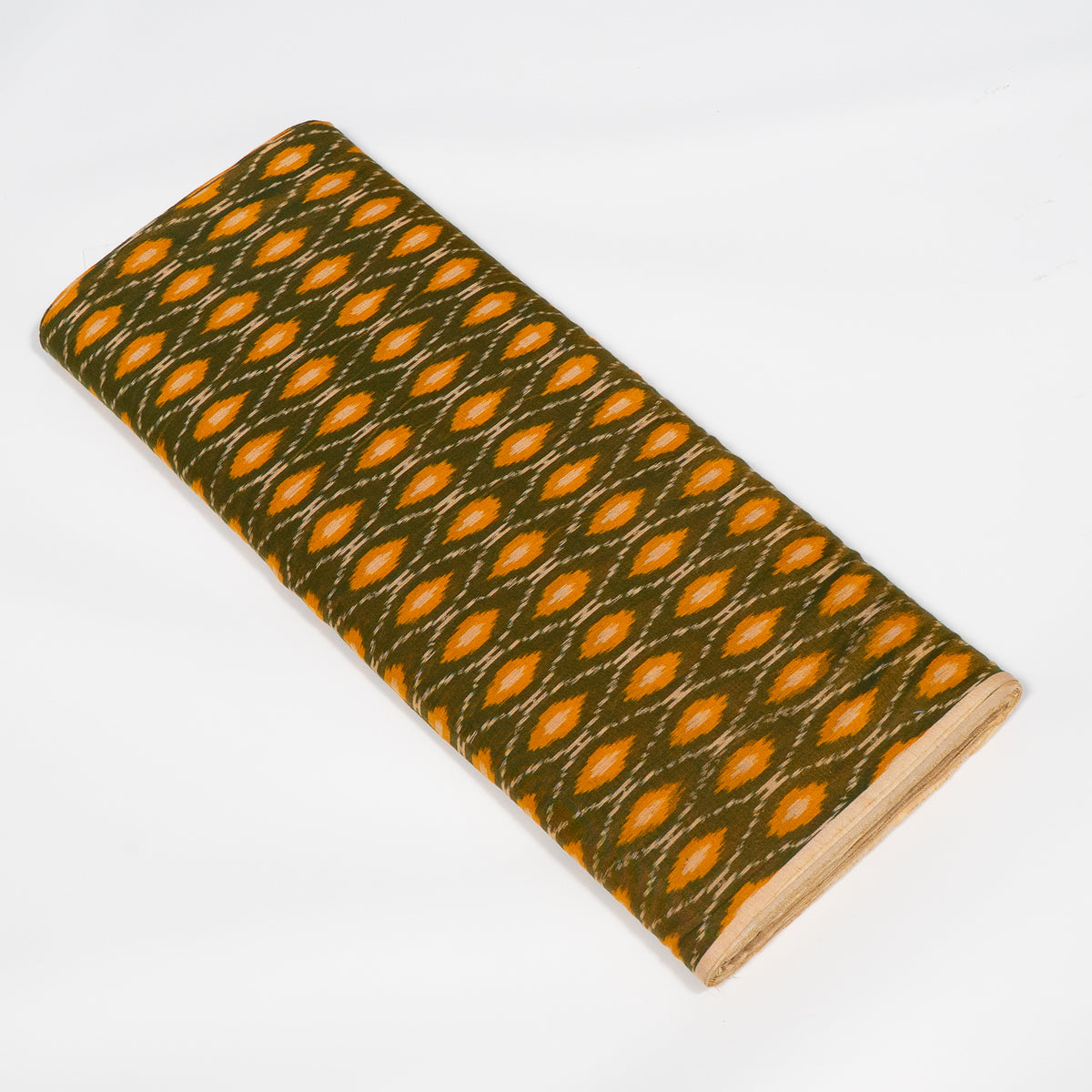 Green, Mustard & White Mercerised Cotton Handloom Ikat Fabric - 44" (112 cm)