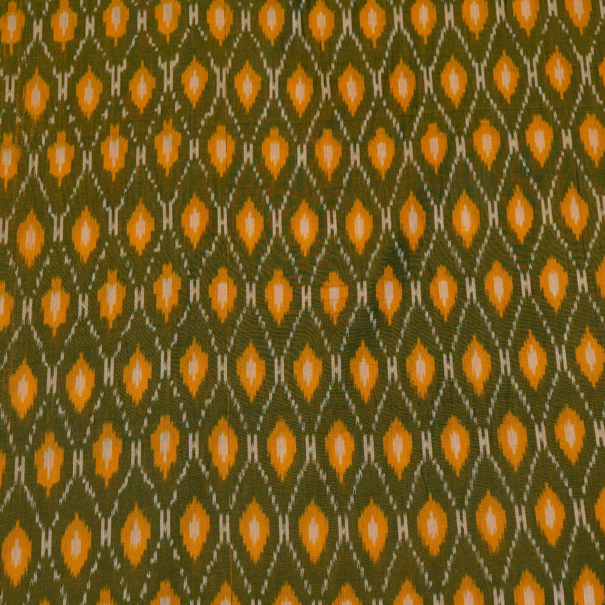 Green, Mustard & White Mercerised Cotton Handloom Ikat Fabric - 44" (112 cm)