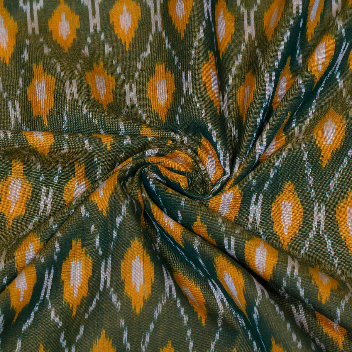 Green, Mustard & White Mercerised Cotton Handloom Ikat Fabric - 44" (112 cm)