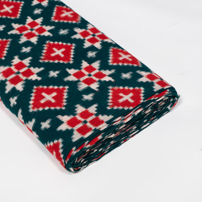 Red, Green & White Geometric Telia Rumal Cotton Handwoven Double Ikat Fabric - 44" (112 cm)