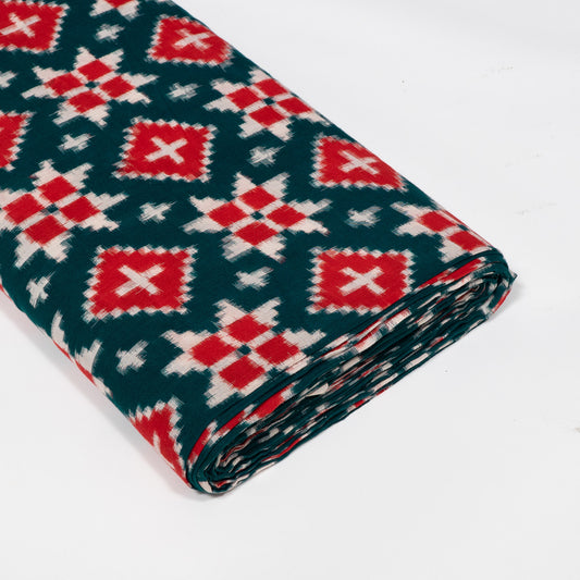 Red, Green & White Geometric Telia Rumal Cotton Handwoven Double Ikat Fabric - 44" (112 cm)