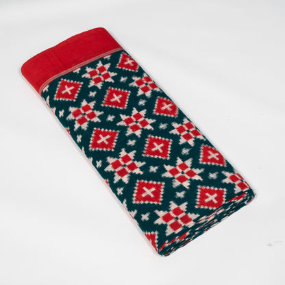 Red, Green & White Geometric Telia Rumal Cotton Handwoven Double Ikat Fabric - 44" (112 cm)