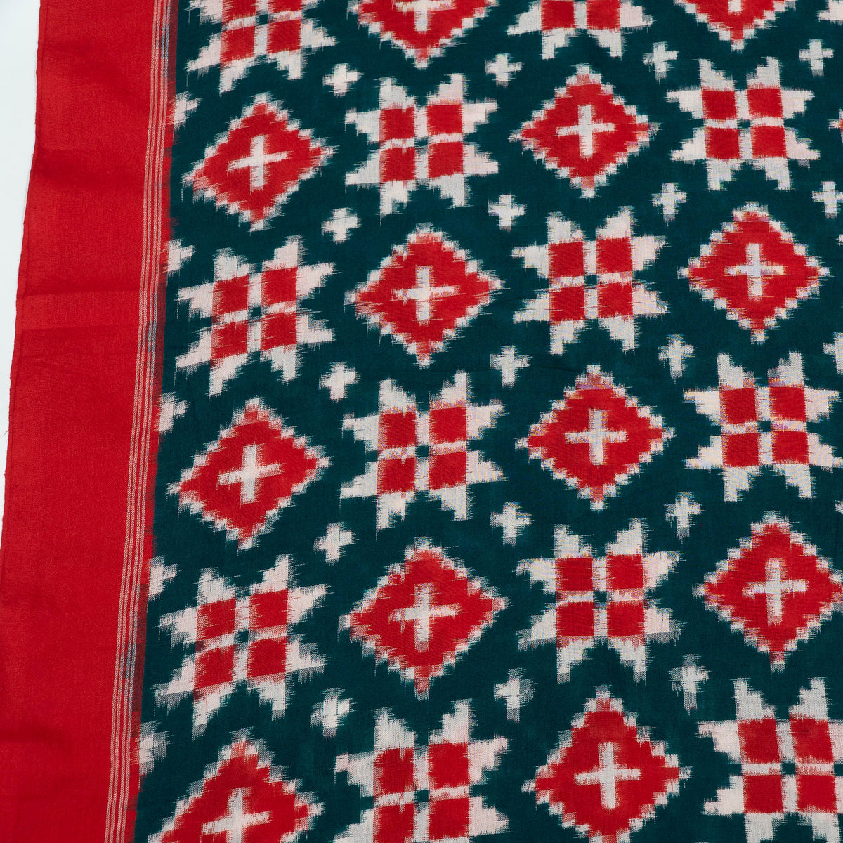 Red, Green & White Geometric Telia Rumal Cotton Handwoven Double Ikat Fabric - 44" (112 cm)