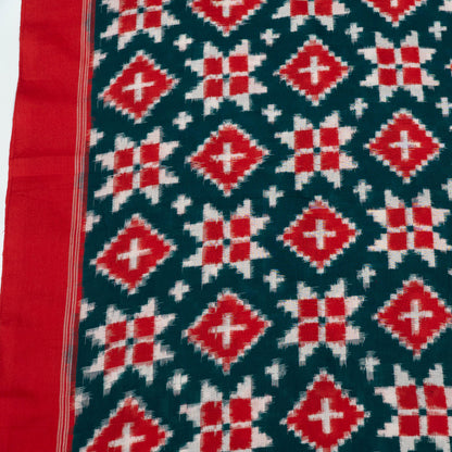 Red, Green & White Geometric Telia Rumal Cotton Handwoven Double Ikat Fabric - 44" (112 cm)