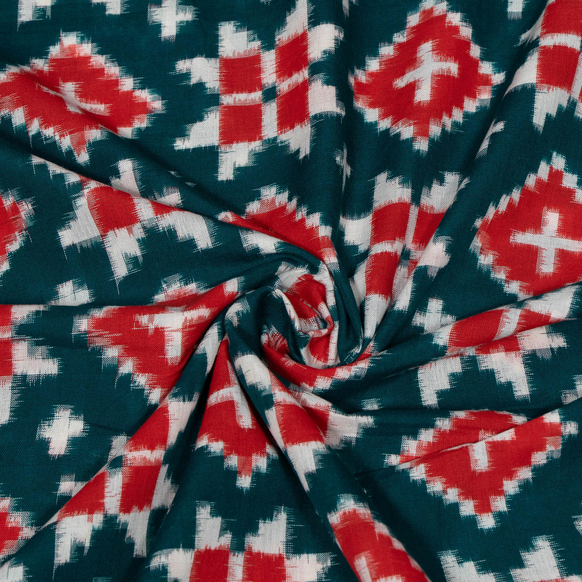 Red, Green & White Geometric Telia Rumal Cotton Handwoven Double Ikat Fabric - 44" (112 cm)