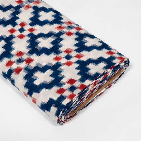 Blue, Red & White Geometric Cotton Handwoven Double Ikat Fabric - 44" (112 cm)