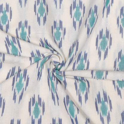 White Base Green & Blue Fine Quality Cotton Handloom Ikat Fabric for Dress | Width : 44"