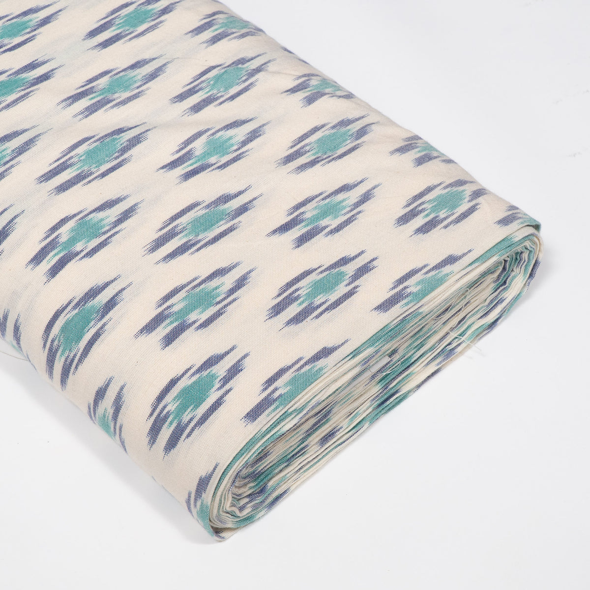 White Base Green & Blue Fine Quality Cotton Handloom Ikat Fabric for Dress | Width : 44"