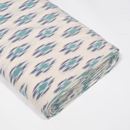 White Base Green & Blue Fine Quality Cotton Handloom Ikat Fabric for Dress | Width : 44"