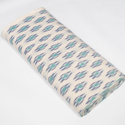 White Base Green & Blue Fine Quality Cotton Handloom Ikat Fabric for Dress | Width : 44"